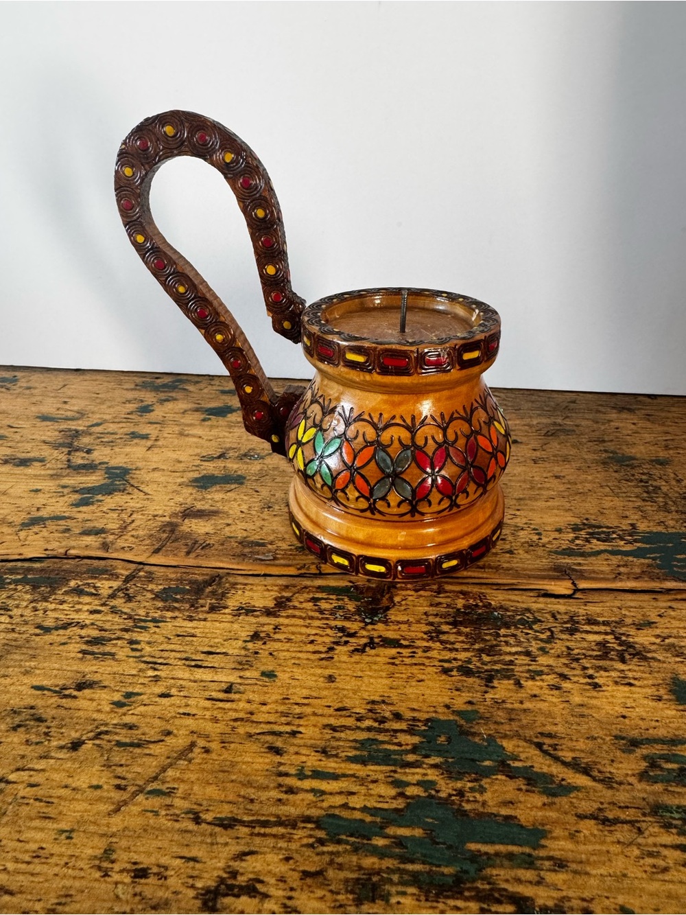 Hand-Painted Wood Decorative Candle Holder with Multicolor Accents